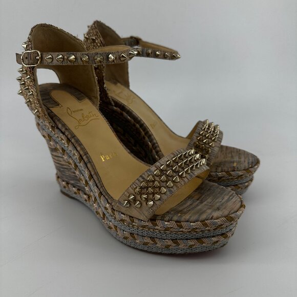 Louboutin Madmonica Wedge Sandals with Gold Studs - Size 39 - Picture 2 of 7